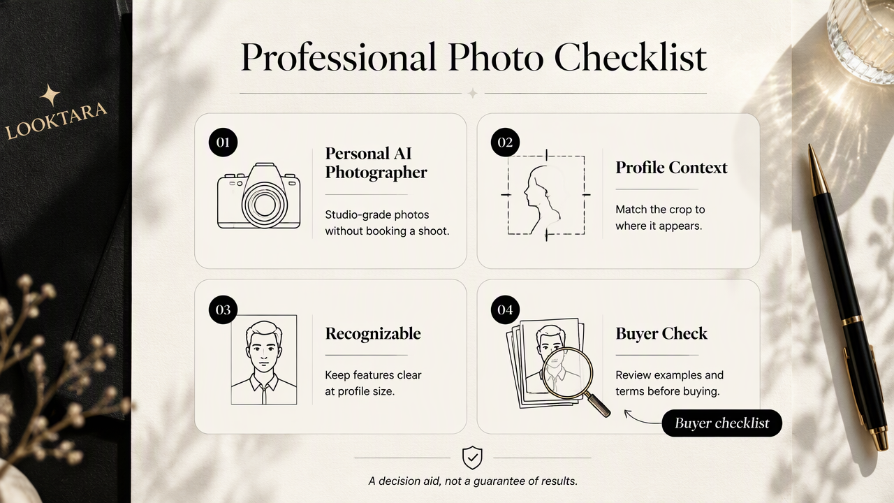 Infographic checklist for evaluating Looktara professional photos, profile crops, recognizability, and purchase details.
