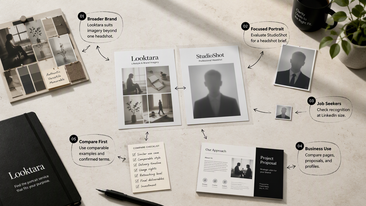 Annotated comparison scene matching headshot services to job seekers, business uses, broader branding, and verified terms.