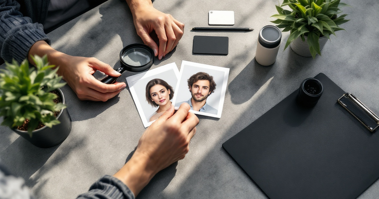 Hands reviewing photo samples and privacy details before choosing an AI photo generator