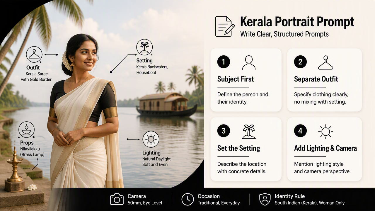 Illustration for How should a prompt describe Kerala attire and setting?