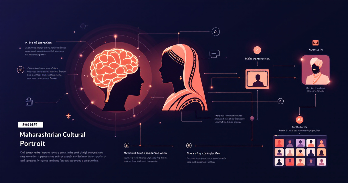 Infographic showing AI generating Maharashtrian traditional portraits with cultural clothing icons, AI workflow diagrams, tools, and common mistakes in a modern indigo-themed layout.