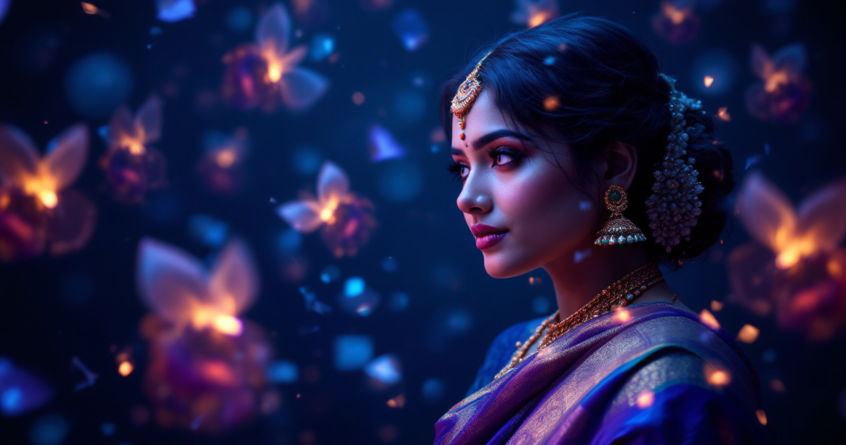 AI-generated Maharashtrian woman in nauvari saree emerging as holographic portrait variations in cinematic studio