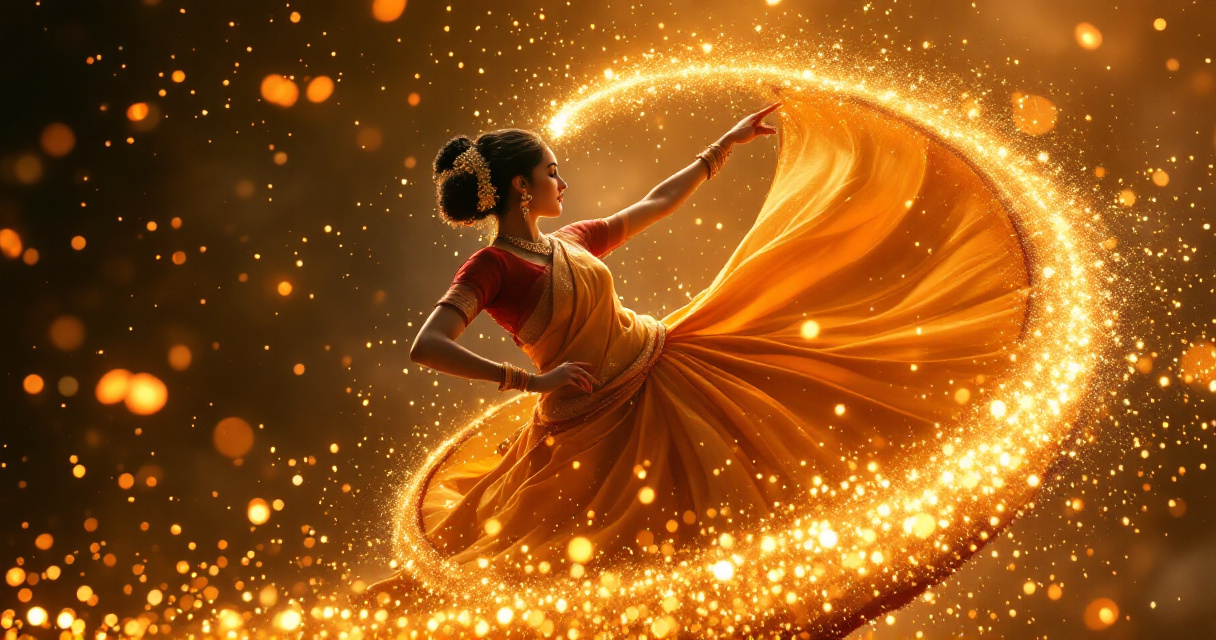 AI visual production scene capturing traditional Maharashtrian dancer with cinematic generative light effects