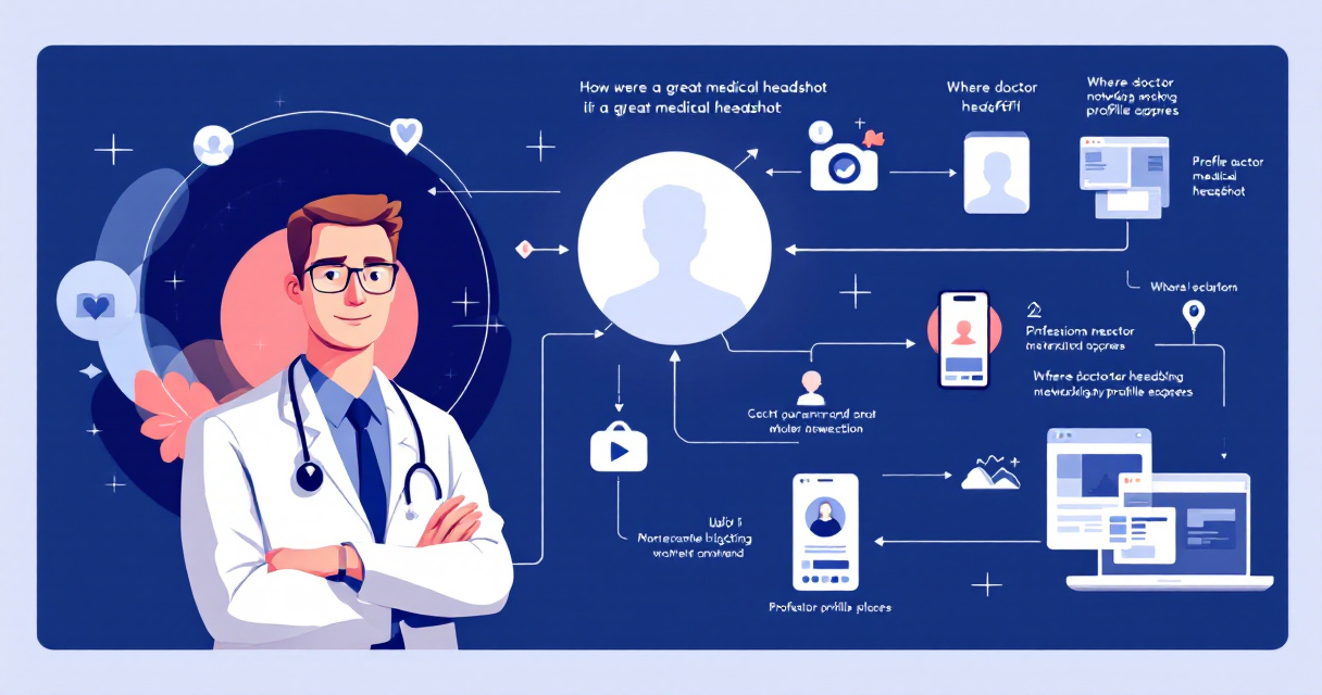Modern infographic showing how professional doctor headshots in white coats are created, used across platforms, and improved with AI tools.