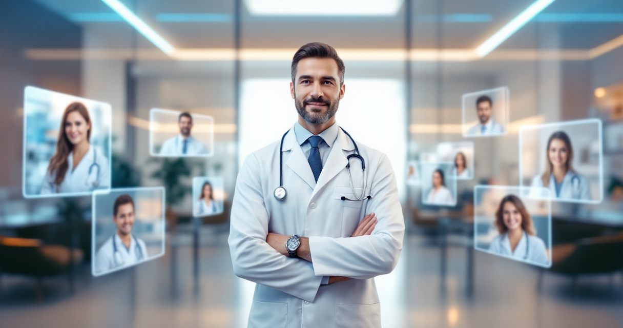 Doctor in white coat surrounded by digital devices displaying professional medical headshots across platforms