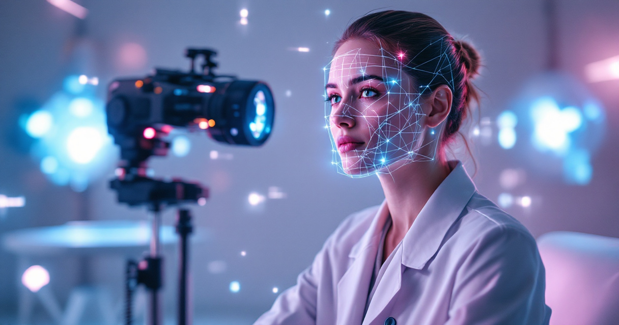 Futuristic AI system scanning a doctor to create a professional medical headshot