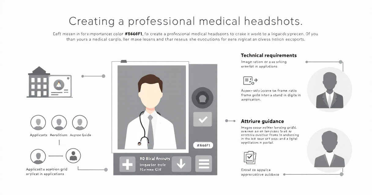 Infographic showing visual guidelines for professional medical headshots including attire, technical specs, lighting setup, mistakes to avoid, and healthcare profile uses.