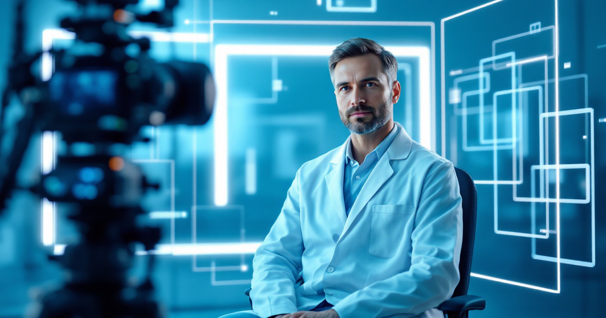 Doctor seated for precise residency application portrait with digital framing guides and indigo studio lighting