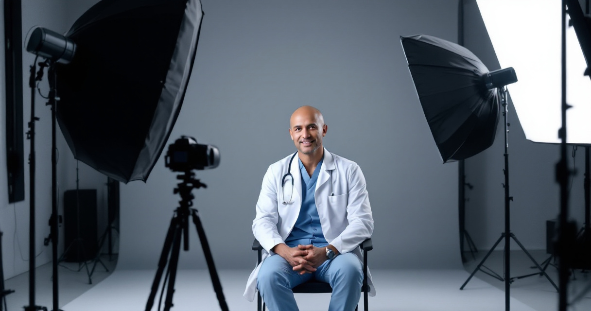Professional medical headshot studio setup with softbox lighting, neutral background, and indigo accent glow