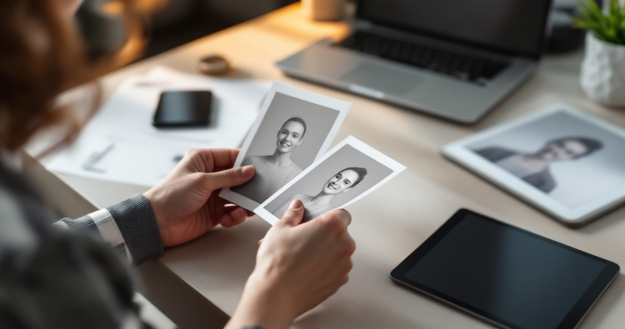 Hands comparing minimalist headshot prints beside phone, tablet, and laptop for different professional uses