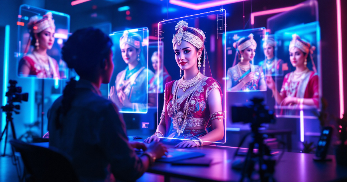 Creator using AI tools to generate realistic Nepali traditional dress portrait on holographic screens