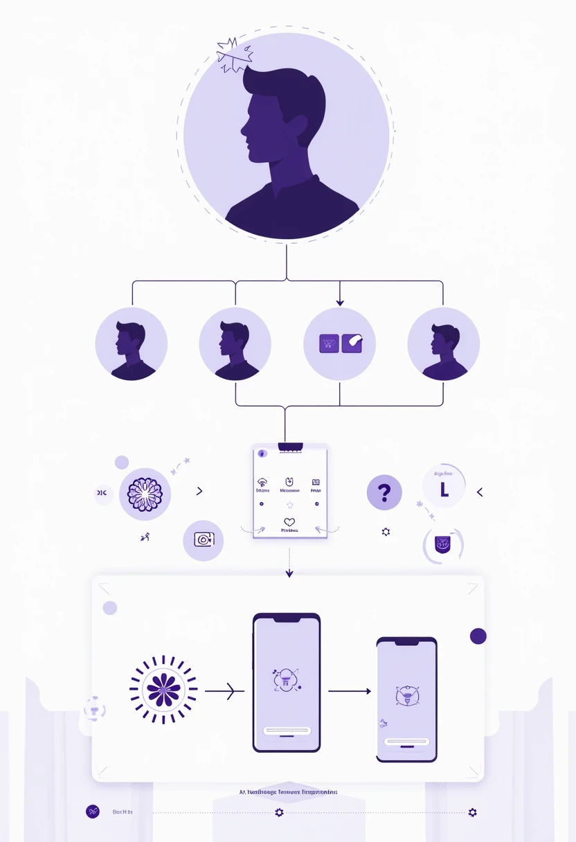 Infographic illustration showing AI photo transformation process for creating Nepali traditional portraits, featuring workflow icons, tool comparisons, and decorative cultural design elements in indigo purple color scheme