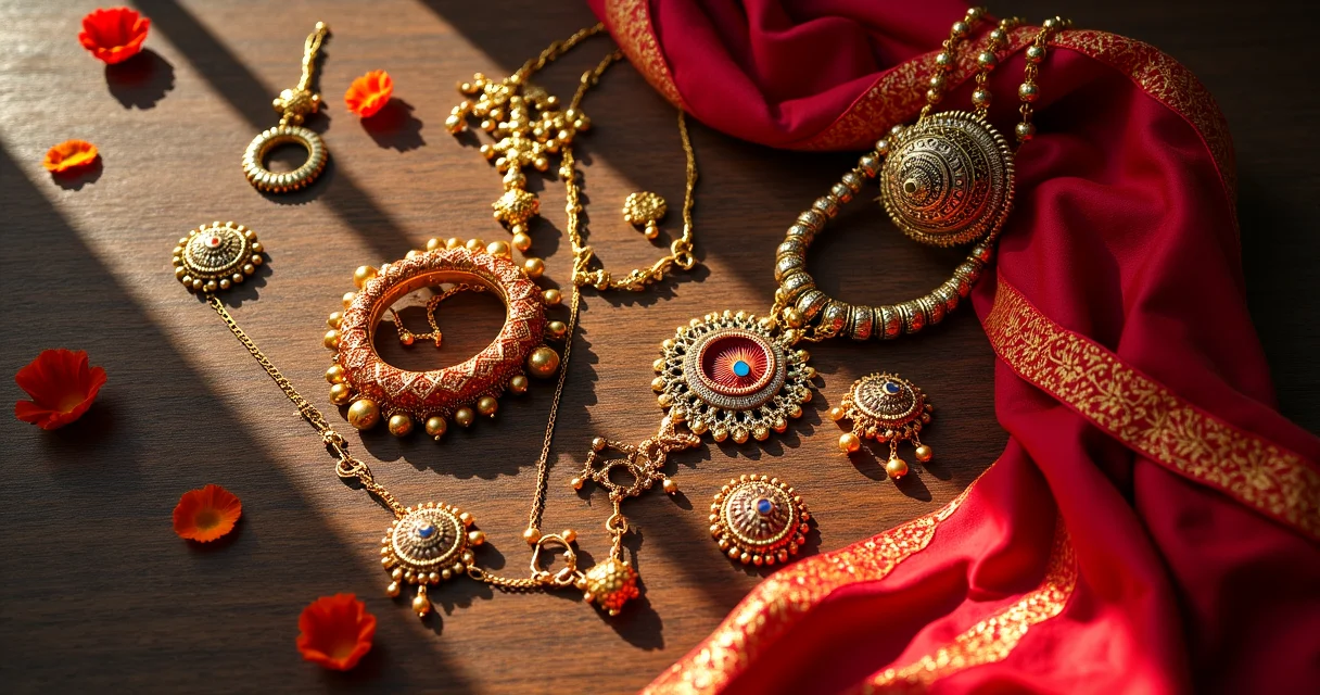 Traditional Nepali jewelry and accessories including gold tikka headpiece and ornate bangles arranged artfully for AI photo generation inspiration