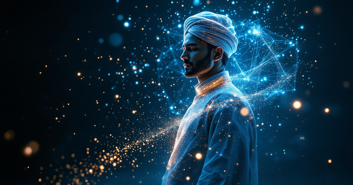 AI system visualizing generation of Nepali traditional attire portrait with glowing digital fabric formation