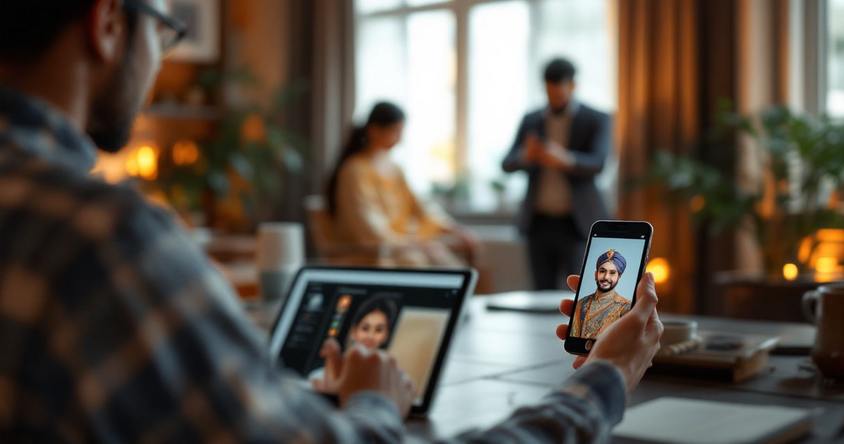 People viewing AI-generated Nepali traditional portraits on phone, tablet, and framed display