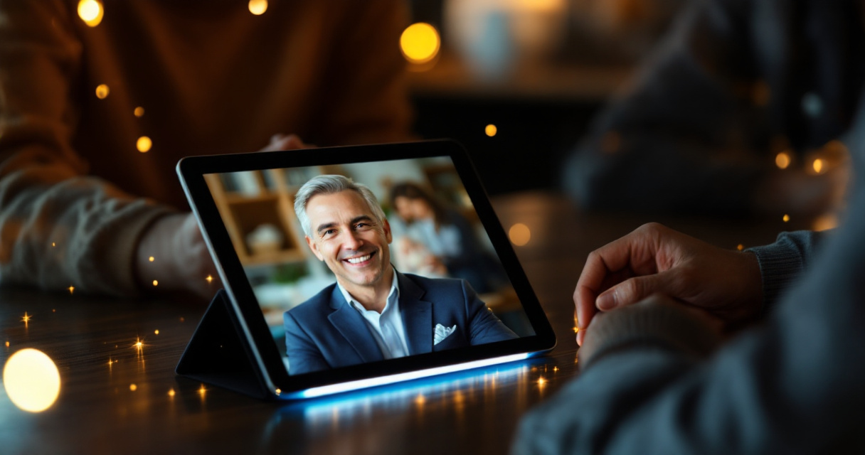 Donor reviewing nonprofit leader headshot on tablet during fundraising conversation building trust and confidence