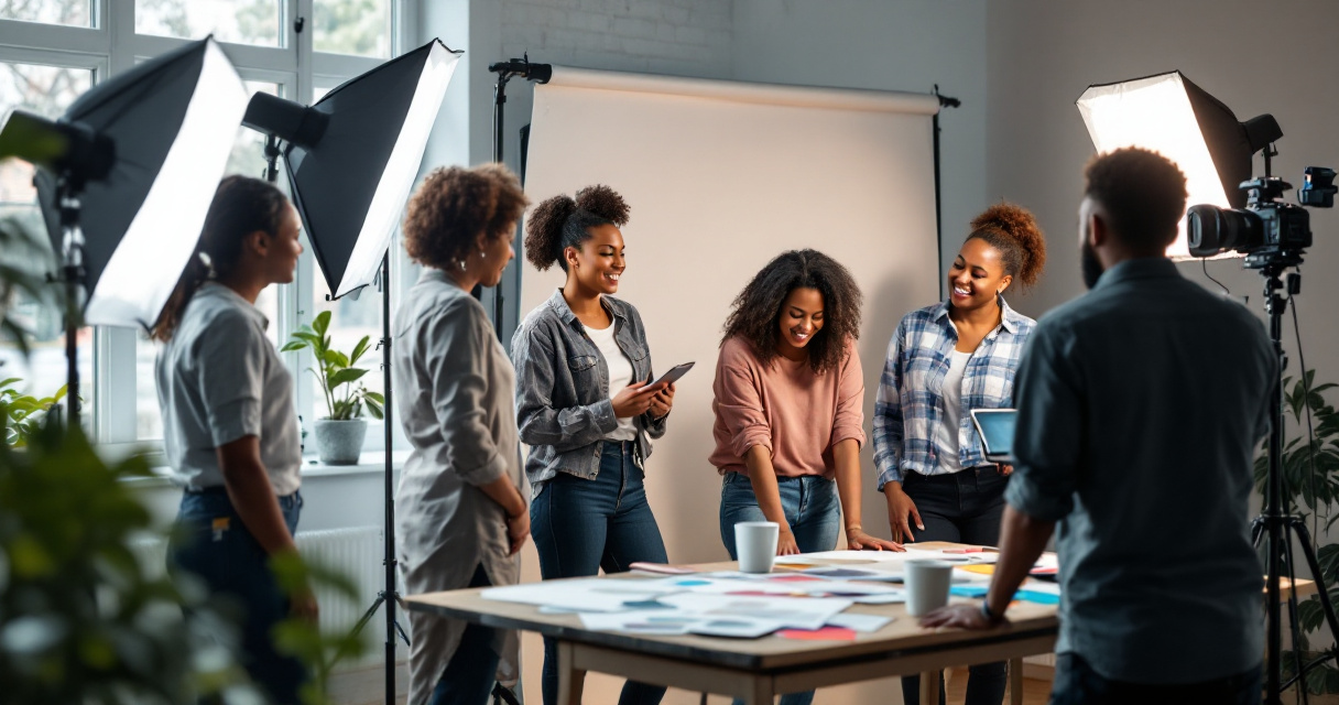 Nonprofit team preparing for professional headshot photography session in a bright community space