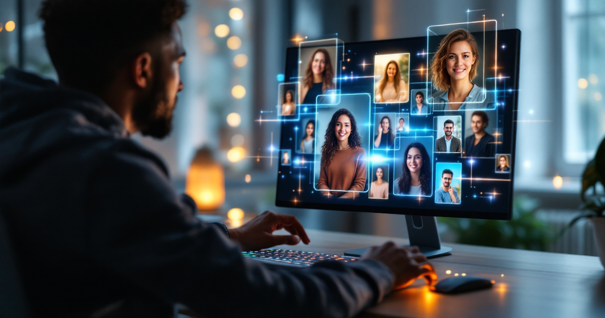 Futuristic AI system aligning nonprofit staff portraits into consistent visual branding