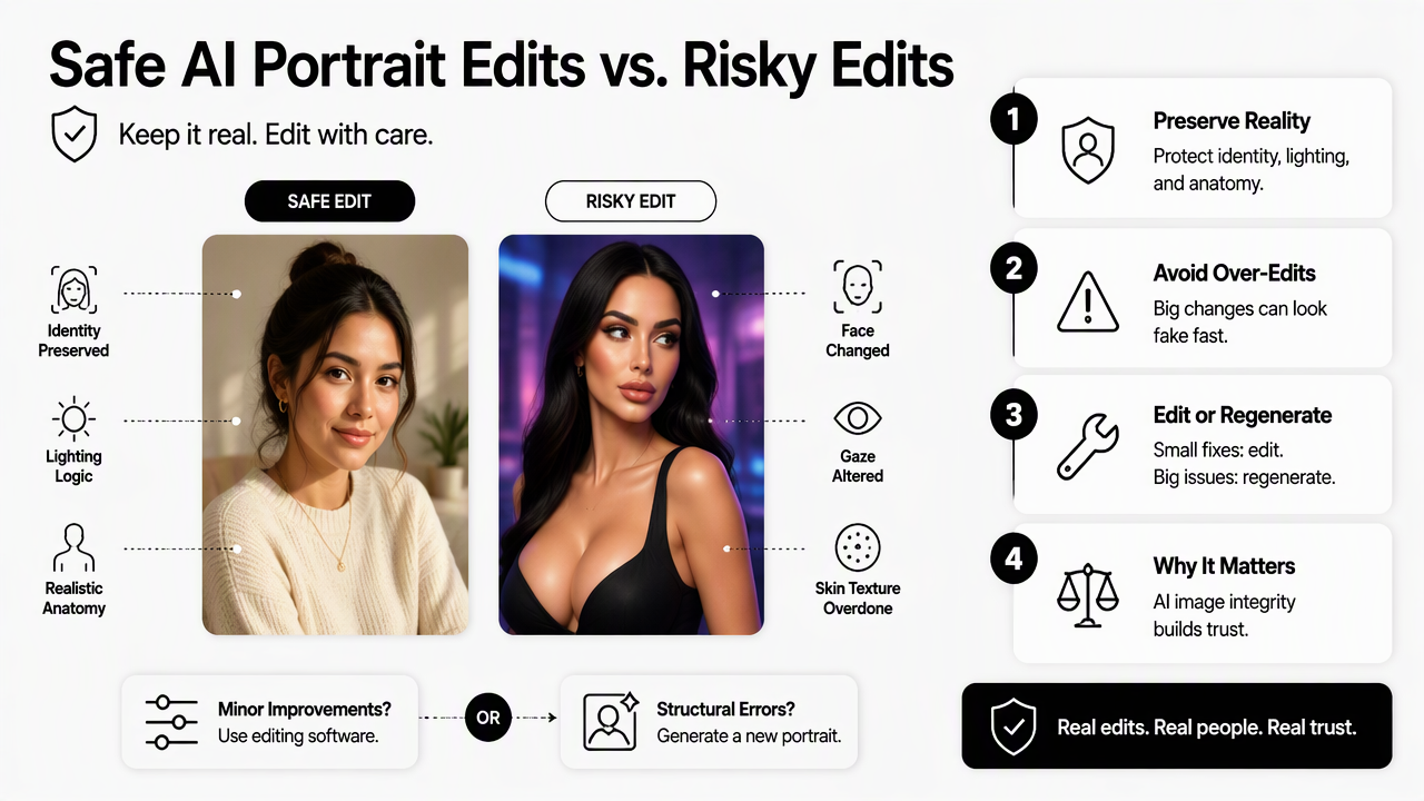 Illustration for Which AI portrait edits are safe, and which need regeneration?