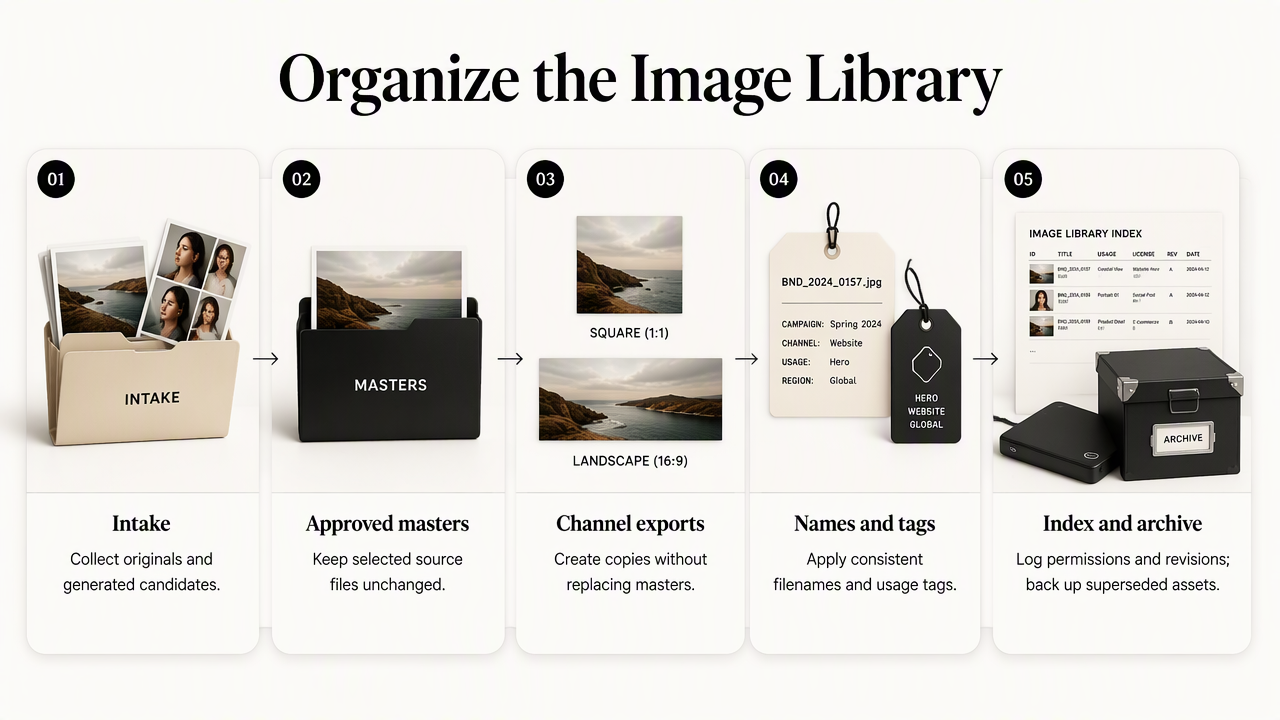 Five-step brand image library workflow for intake, approved masters, exports, tags, approvals, and backups.