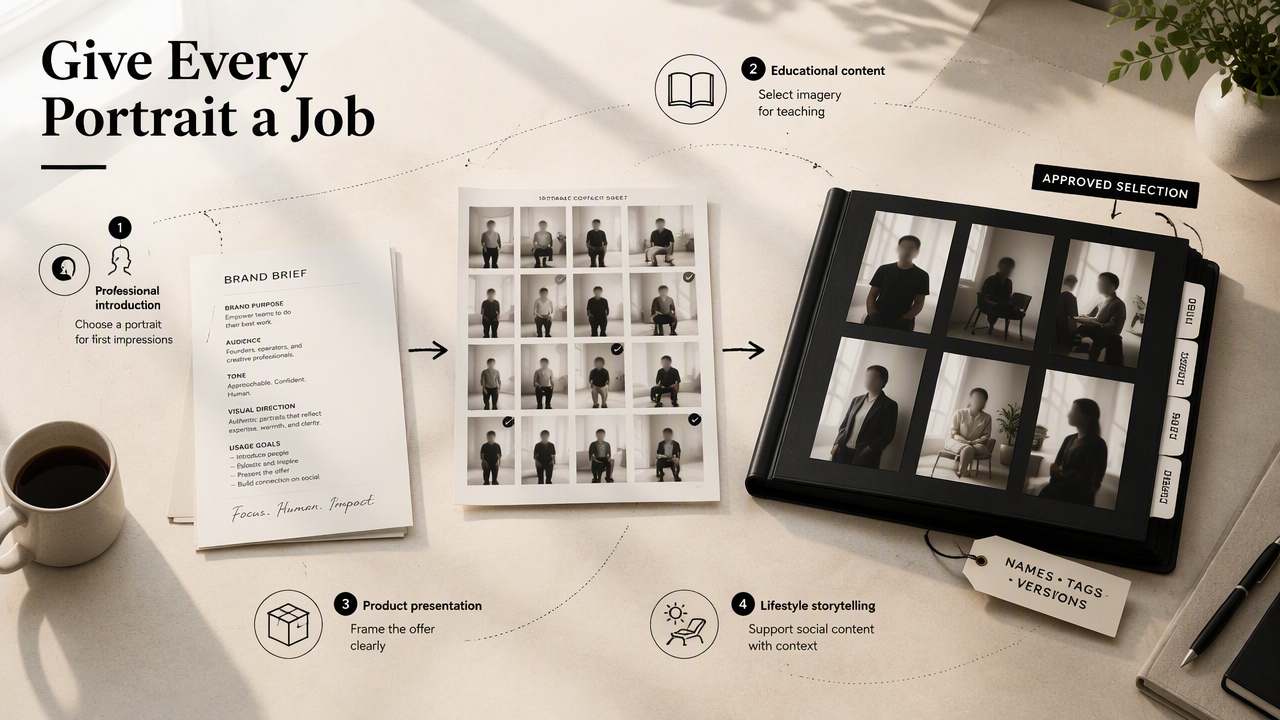 Brand brief, portrait selections, and album callouts show how personal brand images get roles and consistent filing.