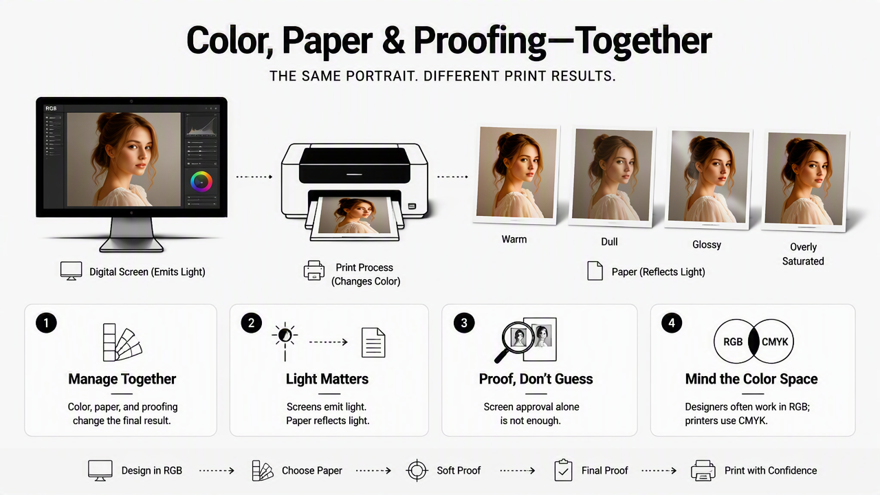 Illustration for How should color, paper, and proofing be managed?
