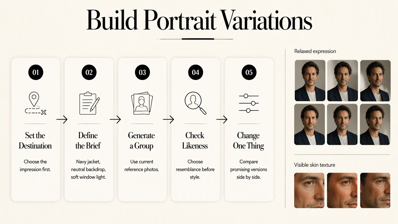 Five-step infographic for generating AI portrait variations, from defining the brief to comparing likeness.