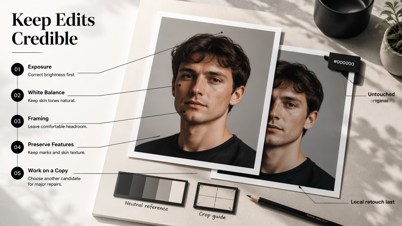 Annotated portrait-editing workflow showing exposure, white balance, framing, preserved skin texture, and a protected original.