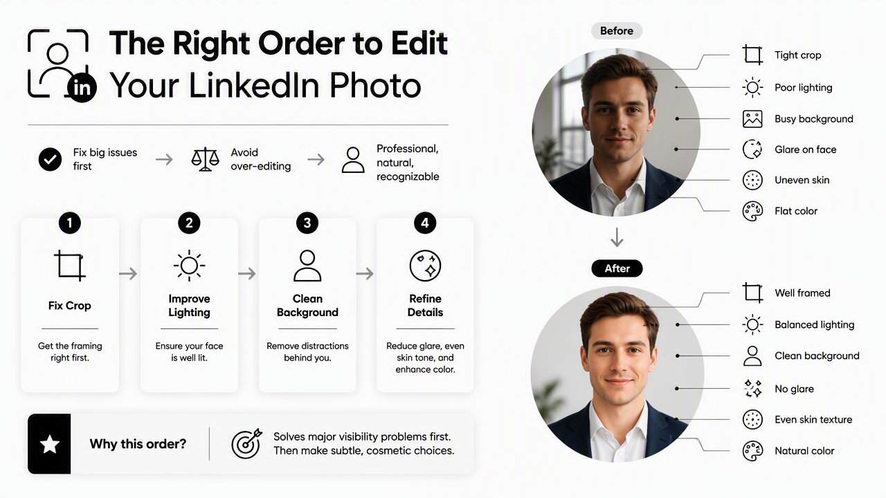 Illustration for What should a LinkedIn profile photo editor fix first?