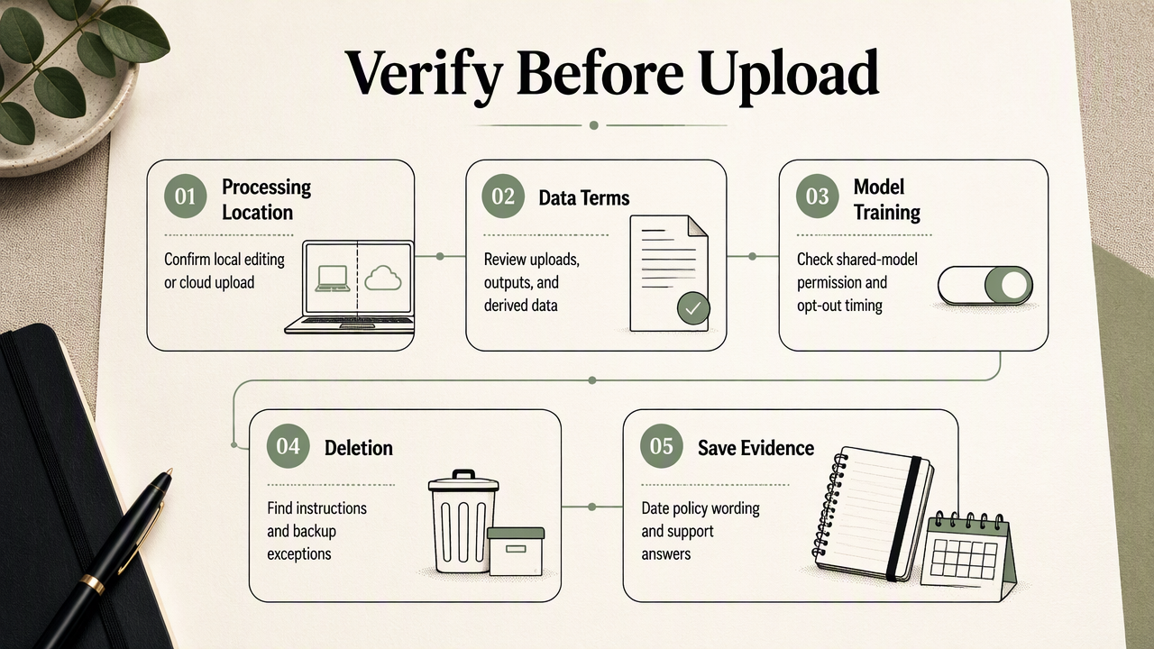 Privacy checklist diagram for checking photo processing, AI training consent, deletion rules, and saved policy evidence.