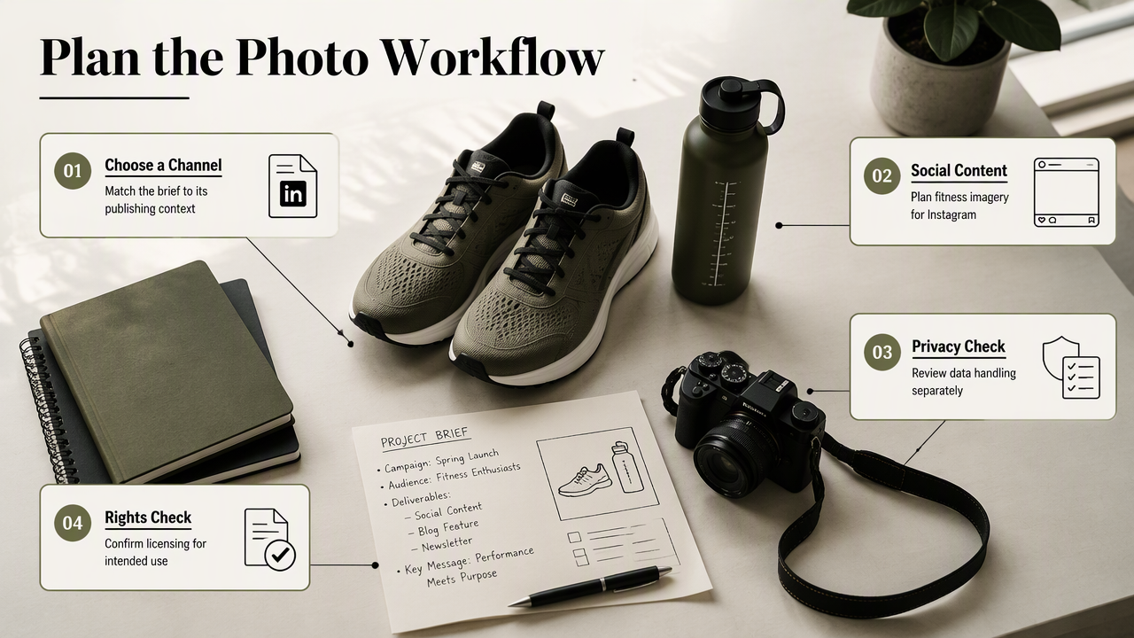 Overhead fitness photo planning scene linking publishing channels with separate privacy and licensing checks.