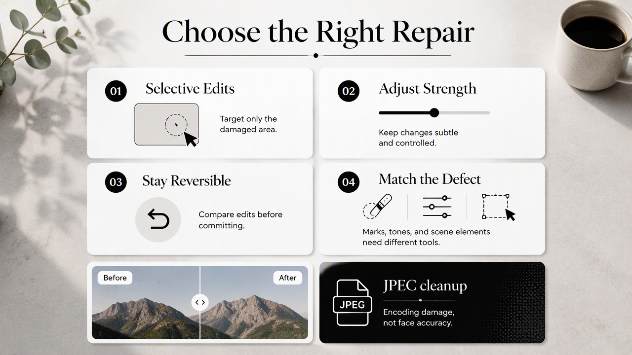 Infographic comparing selective healing, color correction, object replacement, reversible edits, and JPEG artifact cleanup.
