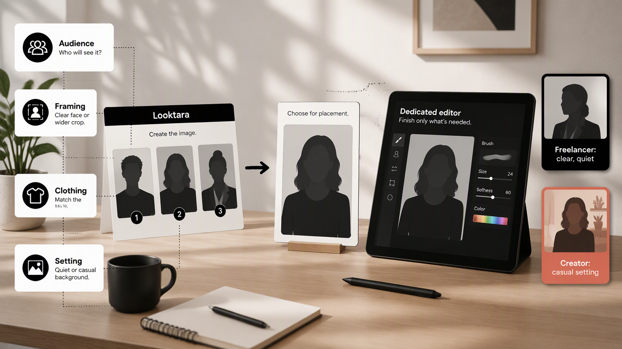 Annotated portrait workflow showing Looktara image selection followed by purpose-specific retouching and placement choices.