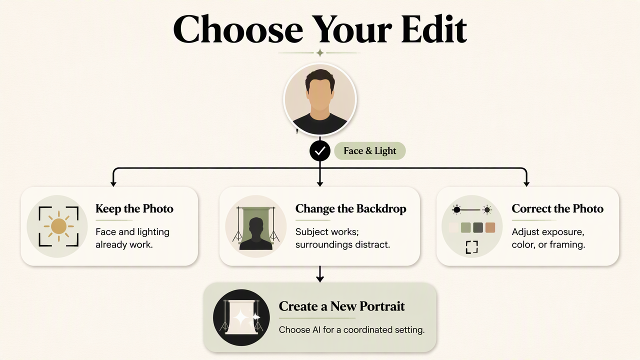 Profile photo decision tree comparing photo correction, background removal, and AI portrait generation.