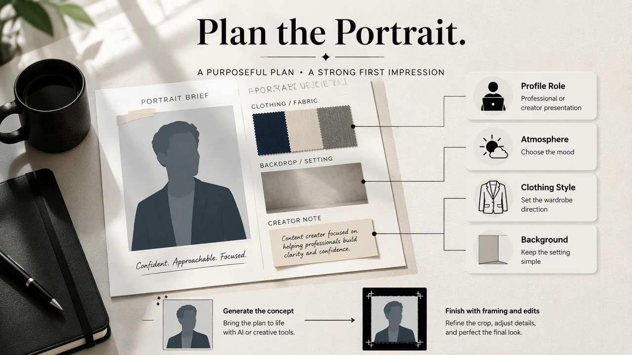 Profile imagery brief linking role, atmosphere, clothing, and background to generation and final framing.