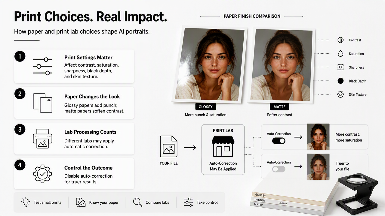 Illustration for Which paper and print lab choices affect AI portrait color?