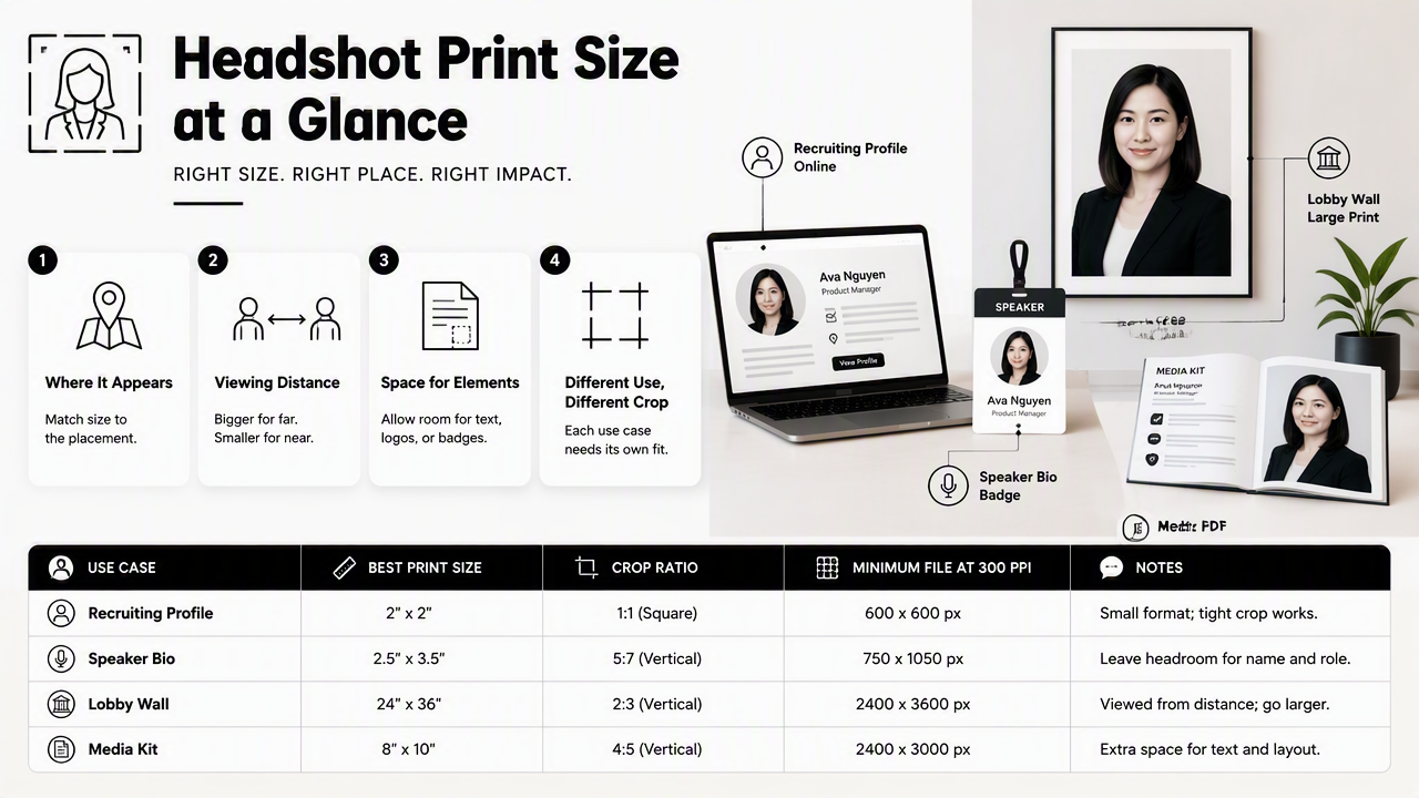 Illustration for Which headshot print size fits each professional use?