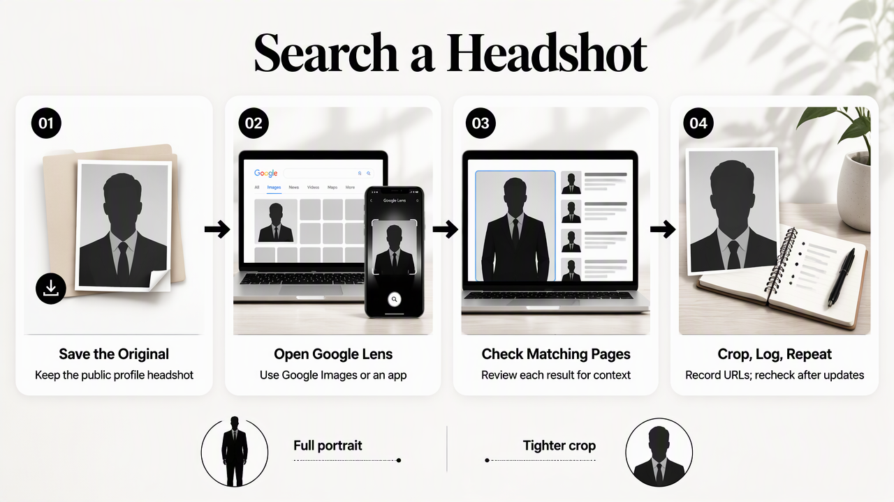 Desktop and mobile workflow for using Google Lens to search a full headshot and tighter crop.