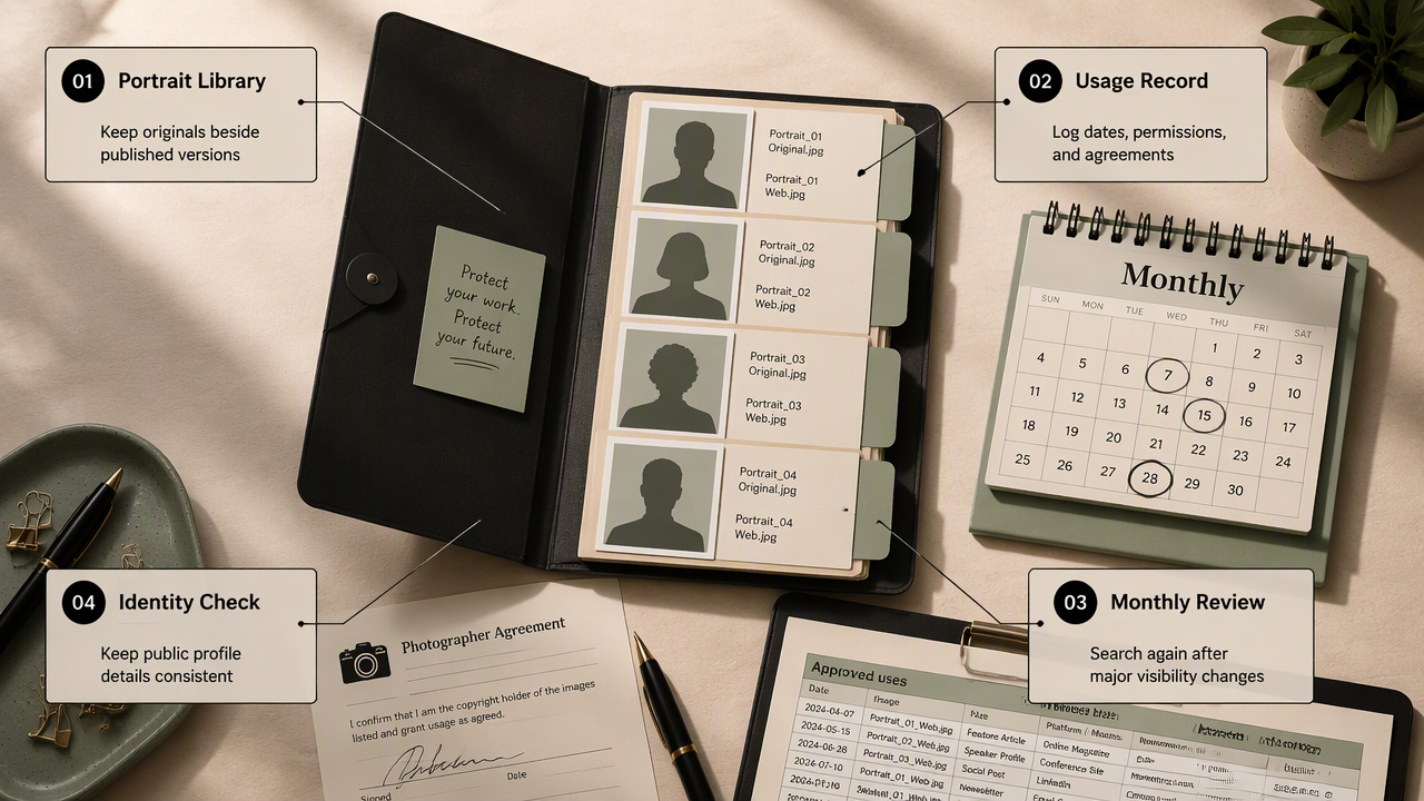 A portrait archive, usage tracker, and monthly calendar organize a professional photo-protection routine.
