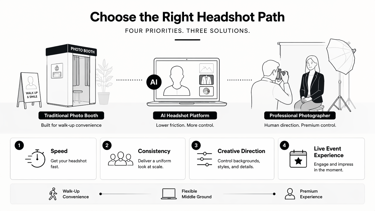 Illustration for Photo booth, AI headshot, or photographer: which option works best?