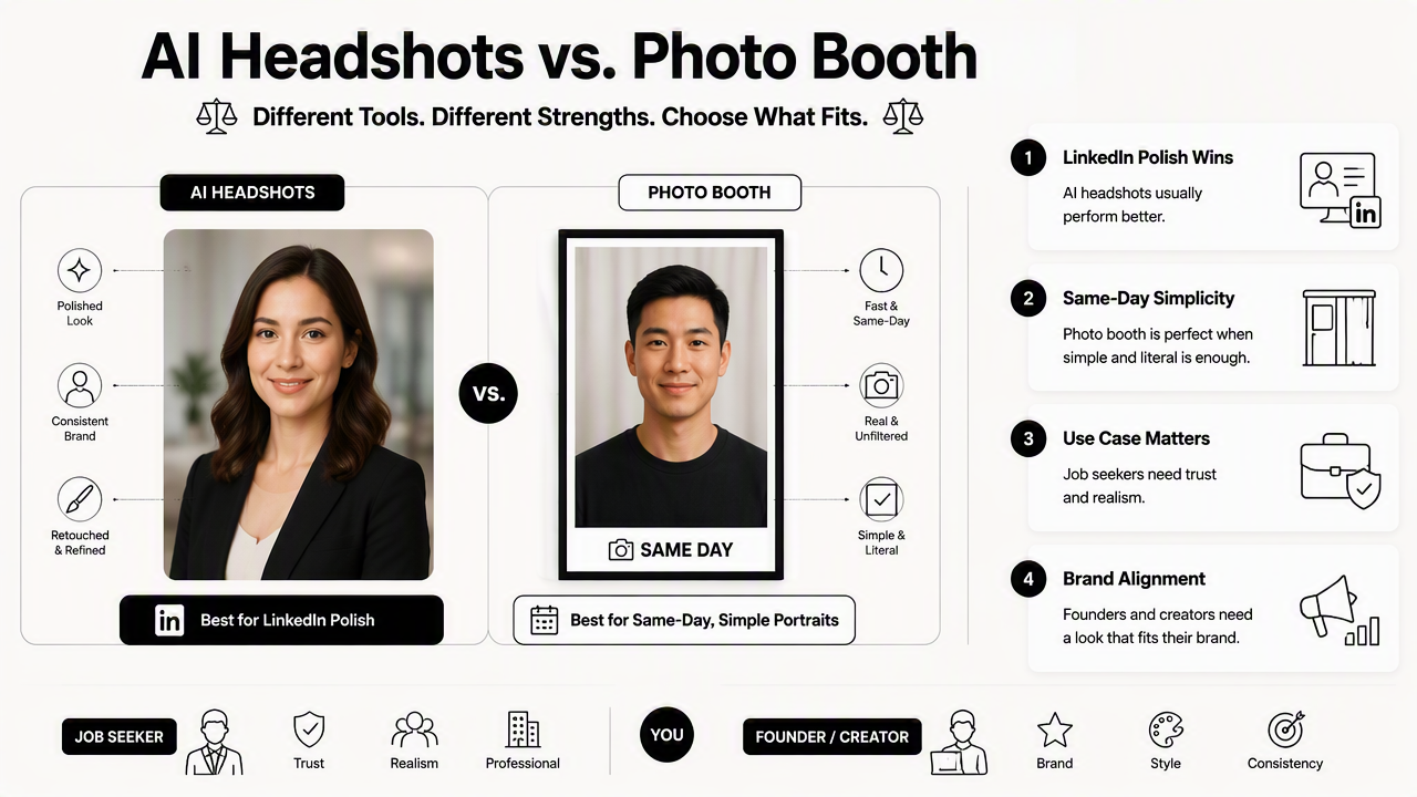 Illustration for Photobooth photo booth vs AI headshots for LinkedIn: side-by-side criteria