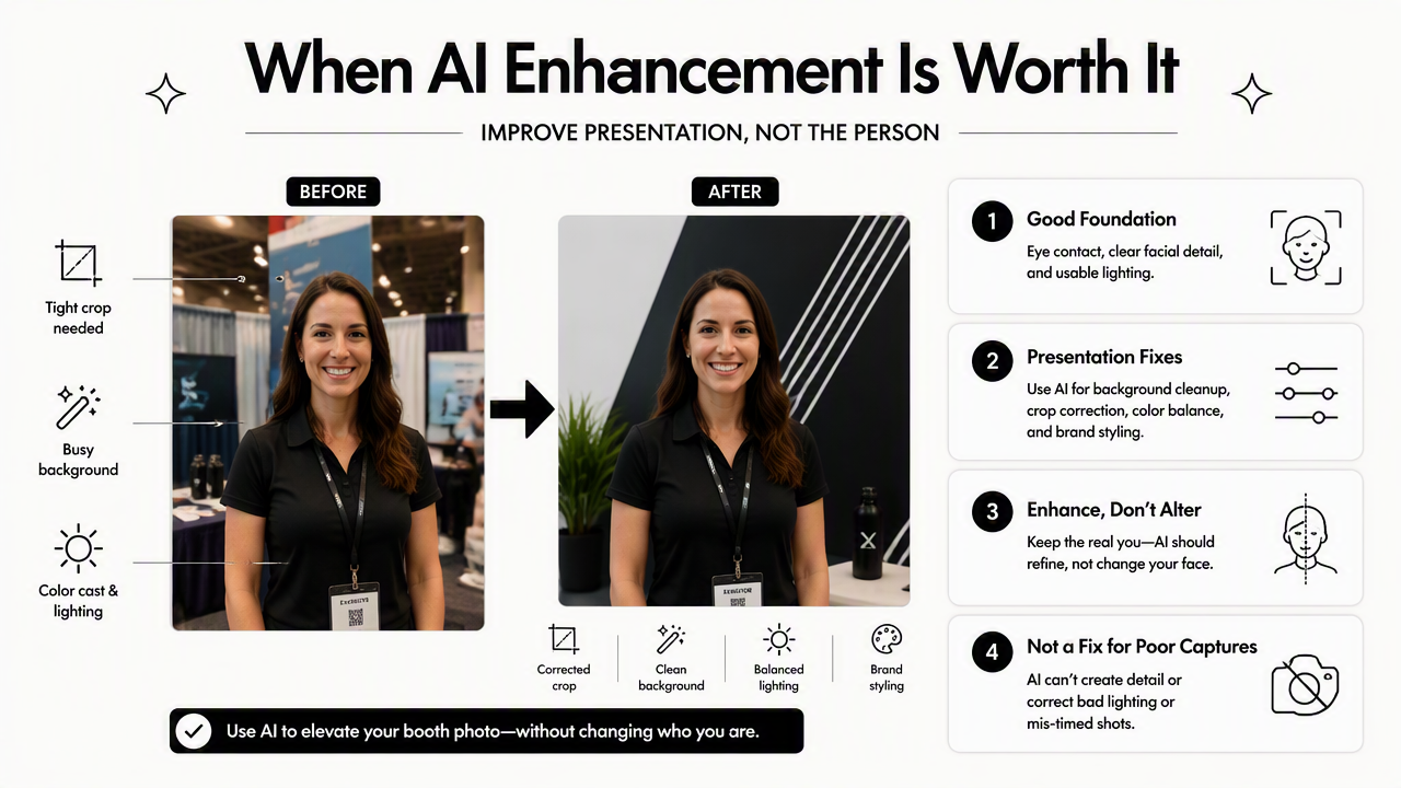 Illustration for When is AI enhancement worth using on booth photos?