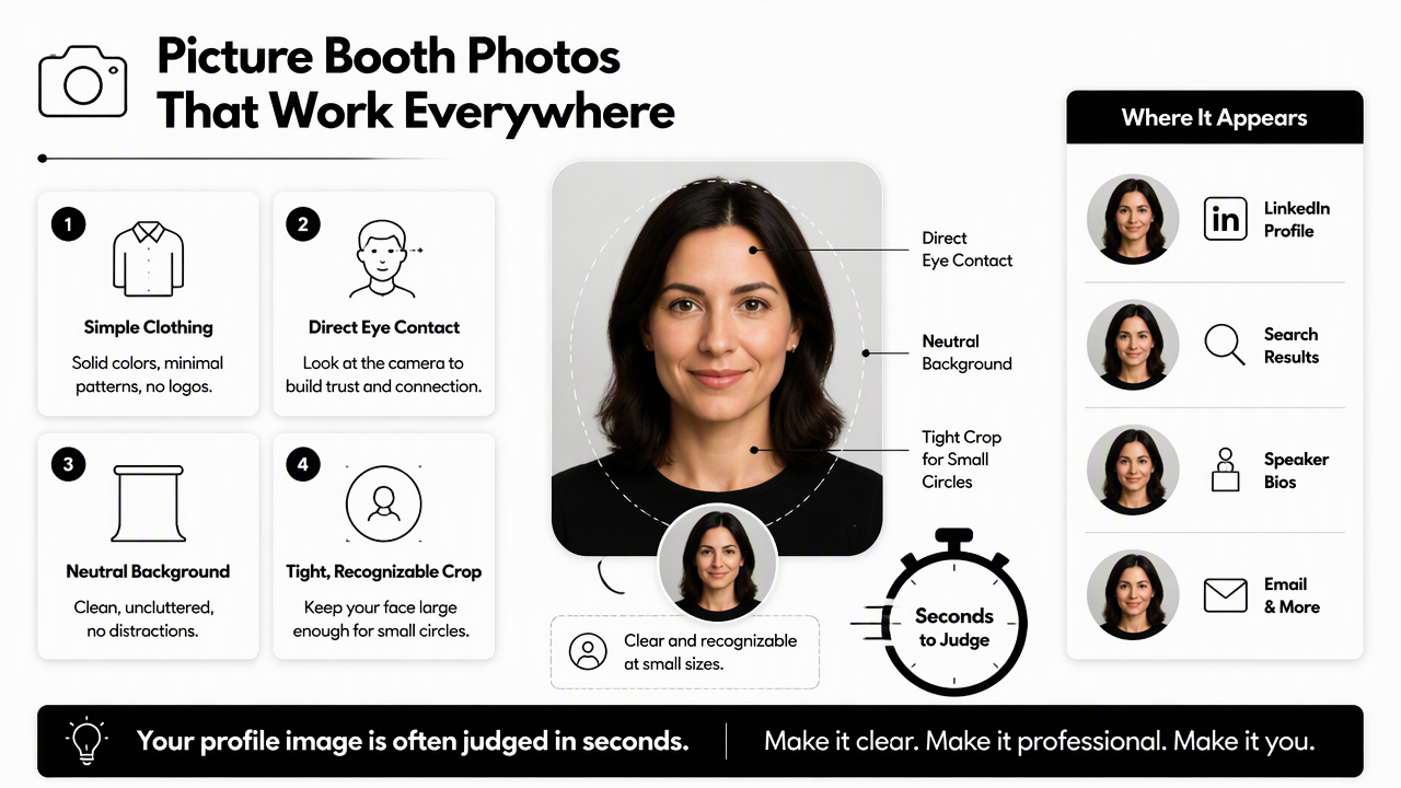 Illustration for How should picture booth photos be styled for LinkedIn and company bios?