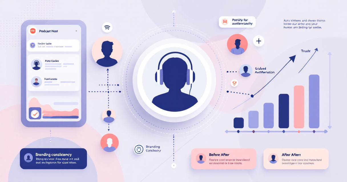 Infographic illustration showing podcast host profile image optimization with Spotify interface elements, microphone icons, audience growth charts, and branding consistency symbols in indigo and purple color scheme