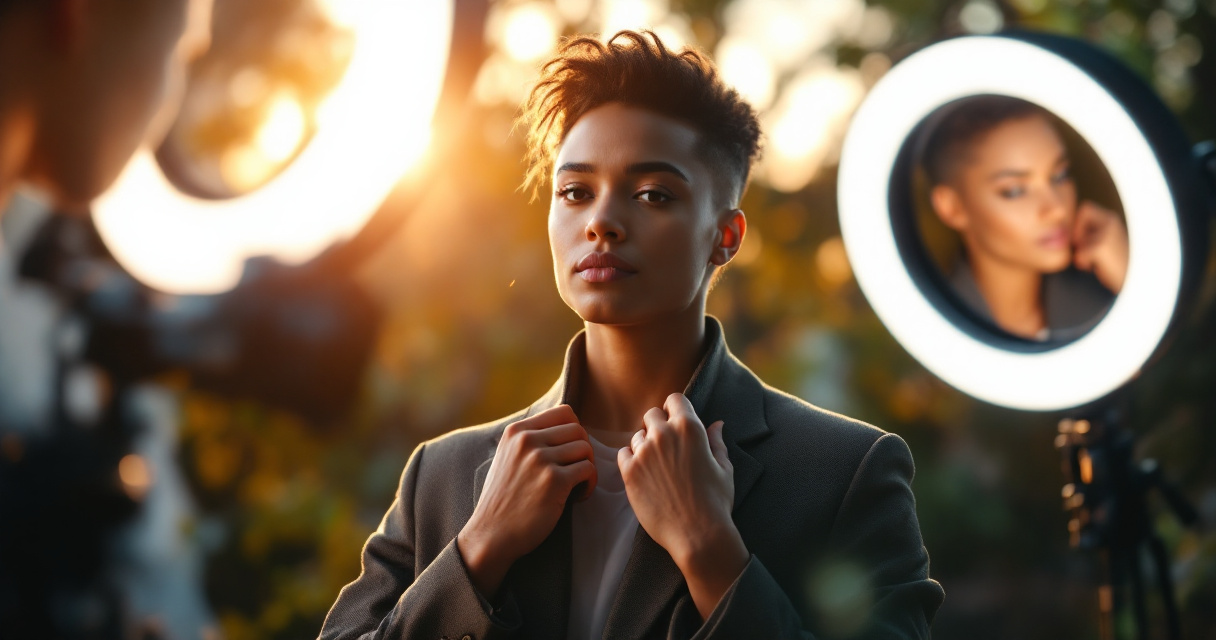 Content creator preparing wardrobe and styling before professional headshot photography session