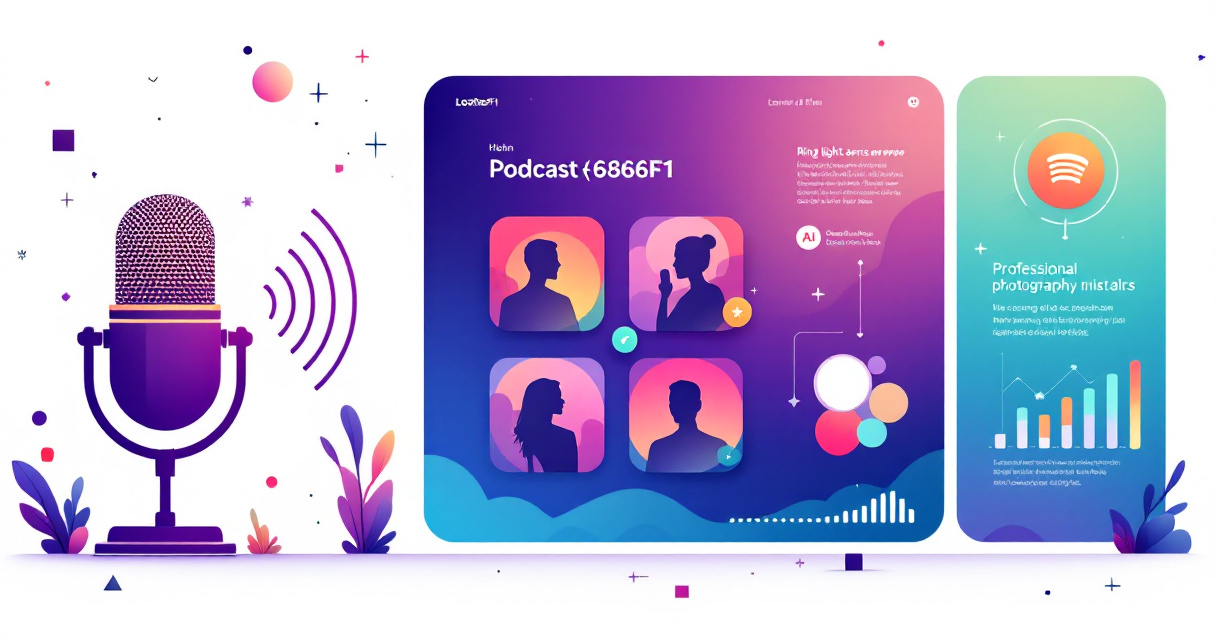 Modern infographic illustration showing podcast headshot optimization workflow with microphone, Spotify artwork grid, lighting icons, and AI enhancement symbols in indigo purple color scheme