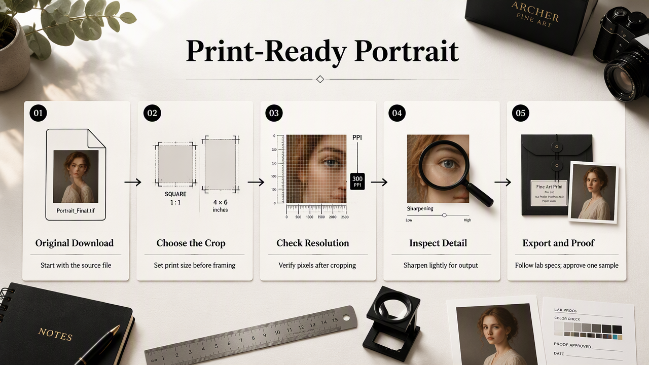 Five-step infographic showing how to crop, check resolution, sharpen, export, and proof an AI headshot for printing.