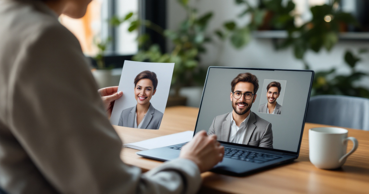 Over-the-shoulder view comparing a real portrait reference with an AI business headshot edit