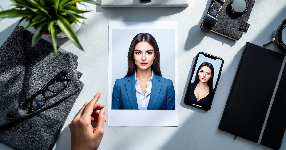 Styled table showing overly retouched AI portrait examples and realistic business accessories