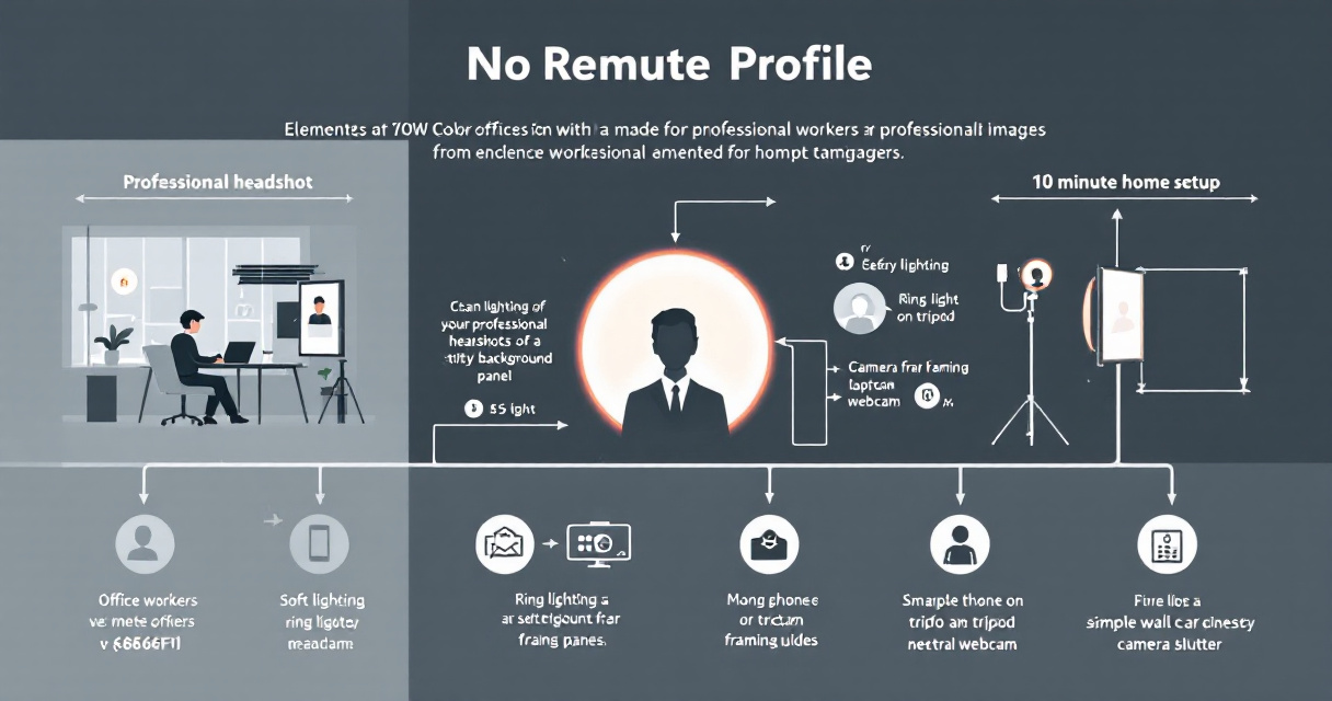 Infographic showing how remote workers create professional headshots at home using lighting, AI tools, and consistent team profile photos.